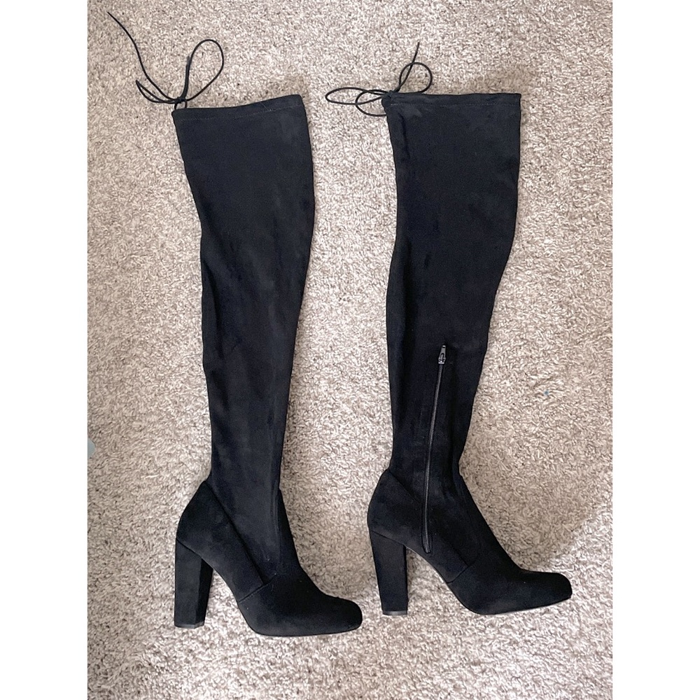 Olivia Ferguson Suede Thigh High Stiletto Boots - Black